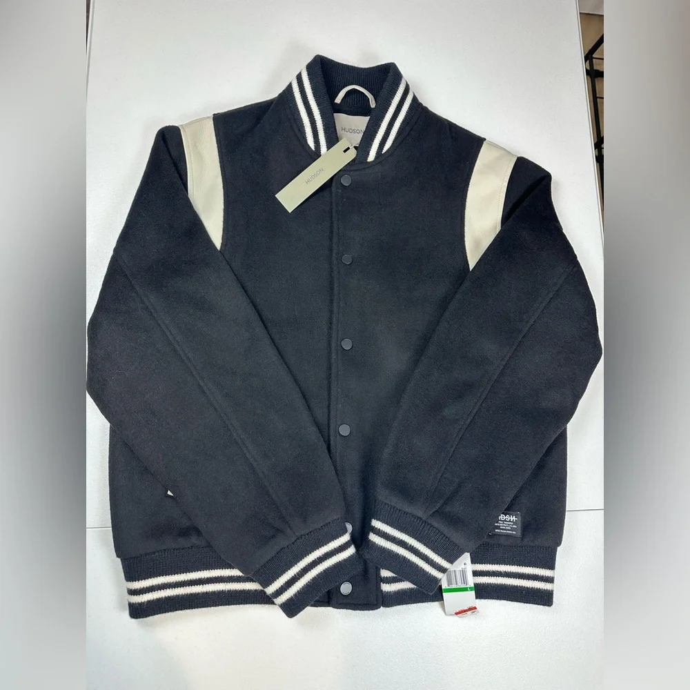 NWT HUDSON Mens Wool Varsity Bomber Jacket Size L Black Ivory Faux Leather $248